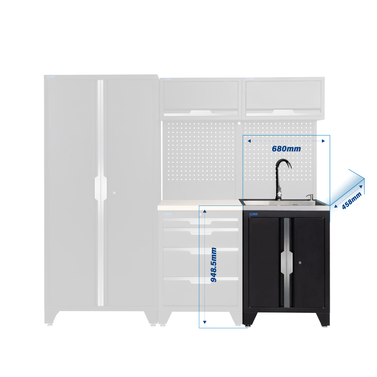 SGS 7pc Modular Garage Storage | 4 Drawers | Plywood Worktop | Sink Unit | 2x Upper Cabinets | Tall Double Cabinet